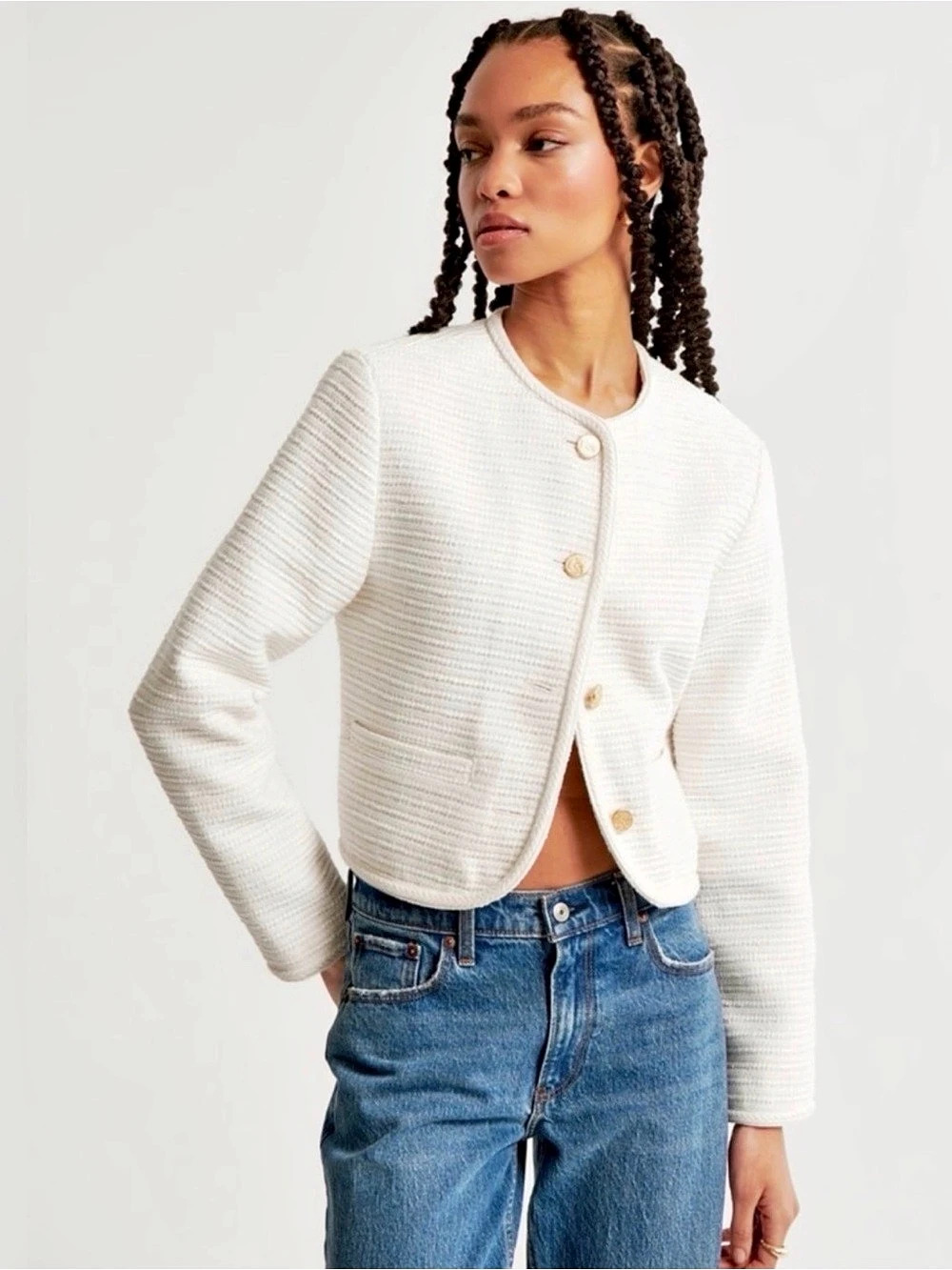 Abercrombie & Fitch Textured Knit Cropped Jacket in White XS Like New